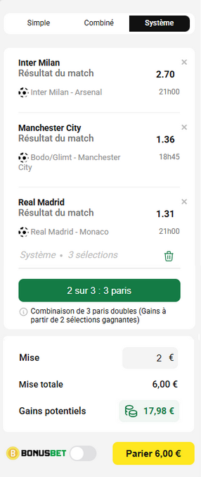 3eme pari du pari systeme 2 sur 3 et validation du ticket