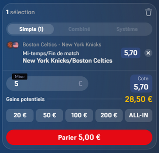 Validation du ticket du pari mi-temps/fin de match