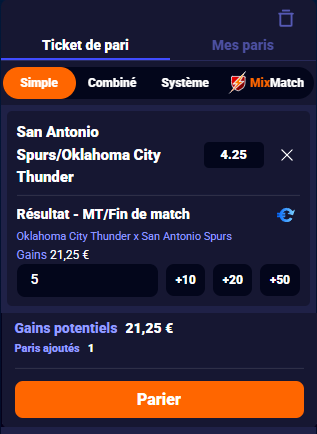 Validation du ticket du pari mi-temps/fin de match